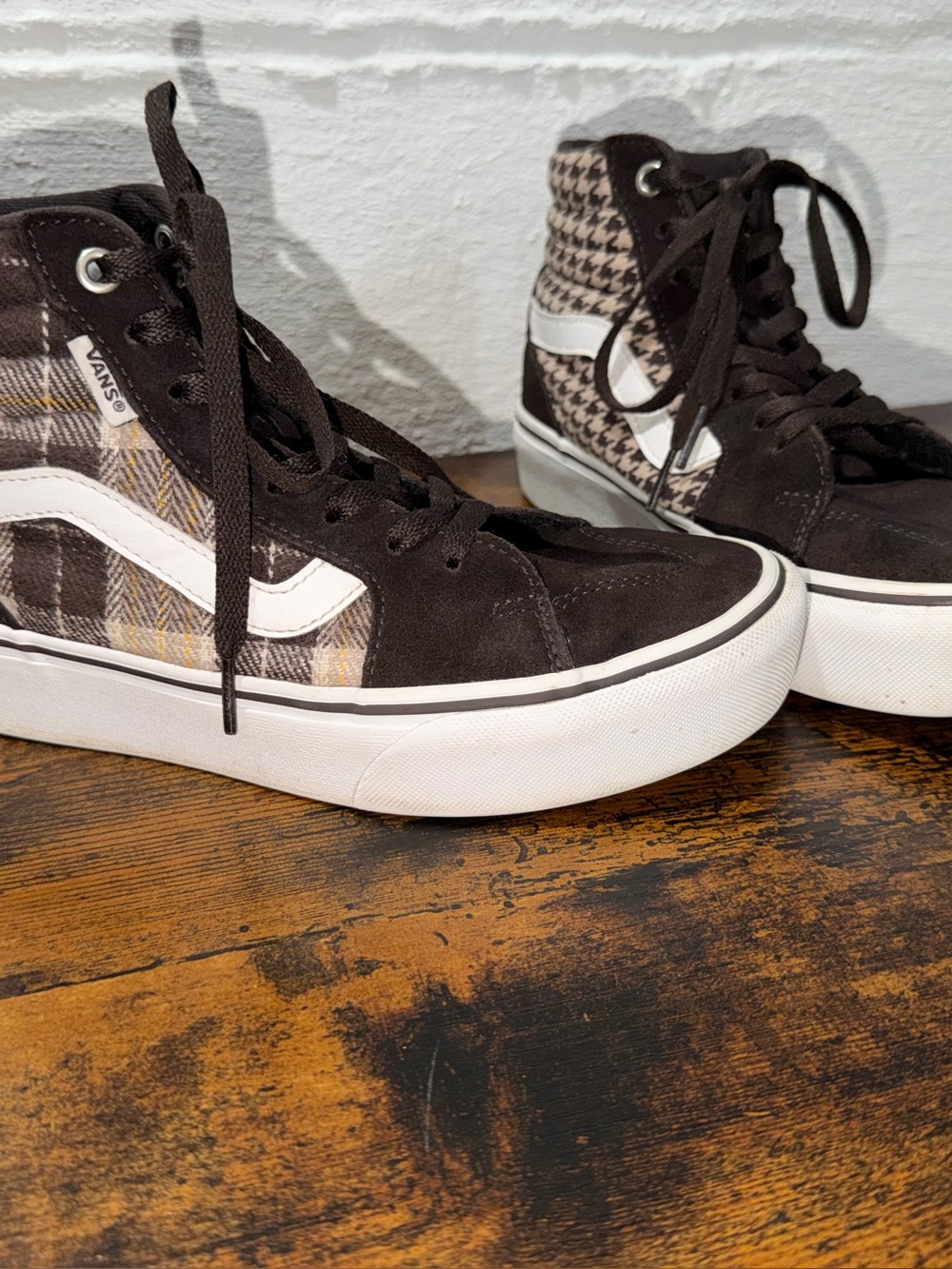 Vans Sk8-Hi Platform Houndstooth Plaid High Top Sneakers Womens 6.5 Brown Suede
